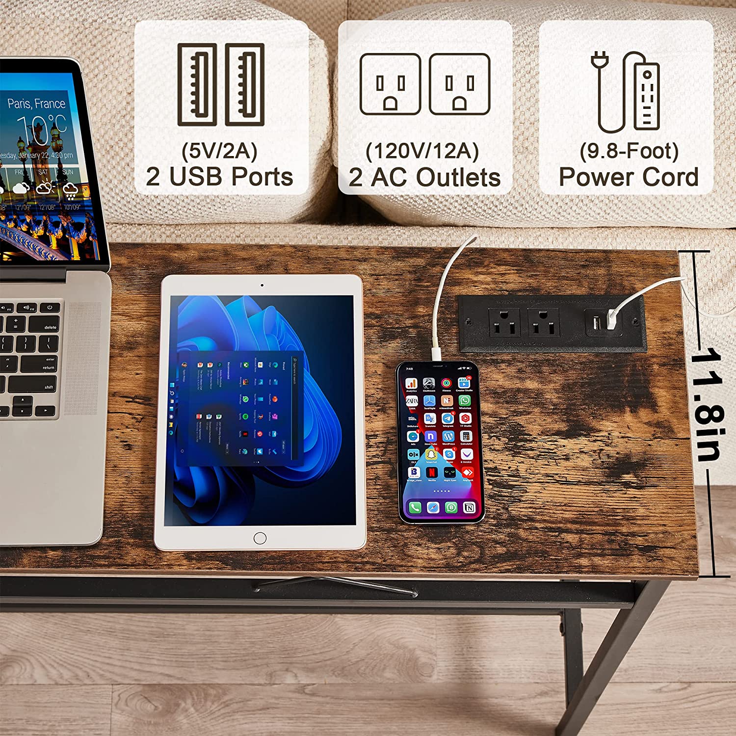VECELO Extra Long Narrow Sofa/Console Table with Charging Station & Power Outlet and USB Ports, for Entryway