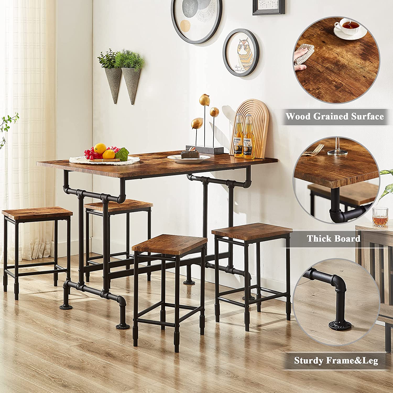 VECELO Farmhouse Dining Table Set for 4 Kitchen Industrial Bar Dinette with Rectangular Tabletop