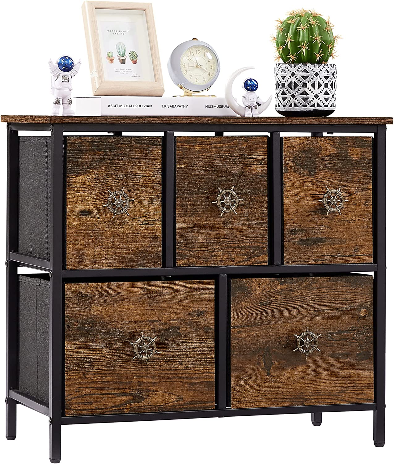 VECELO Dresser for Bedroom with 5 Fabric Drawers, Clothes Cabinet Storage Organizers and Wood Top Surface Table for Living Room, Hallway