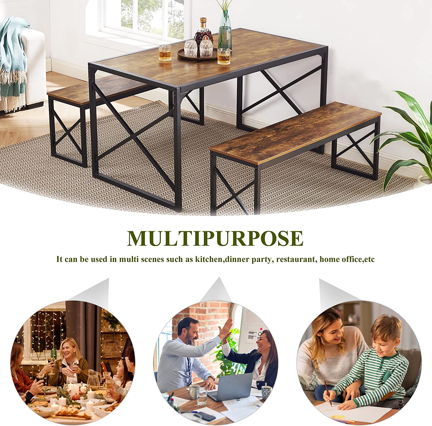 VECELO Kitchen Table with 2 Benches for 4