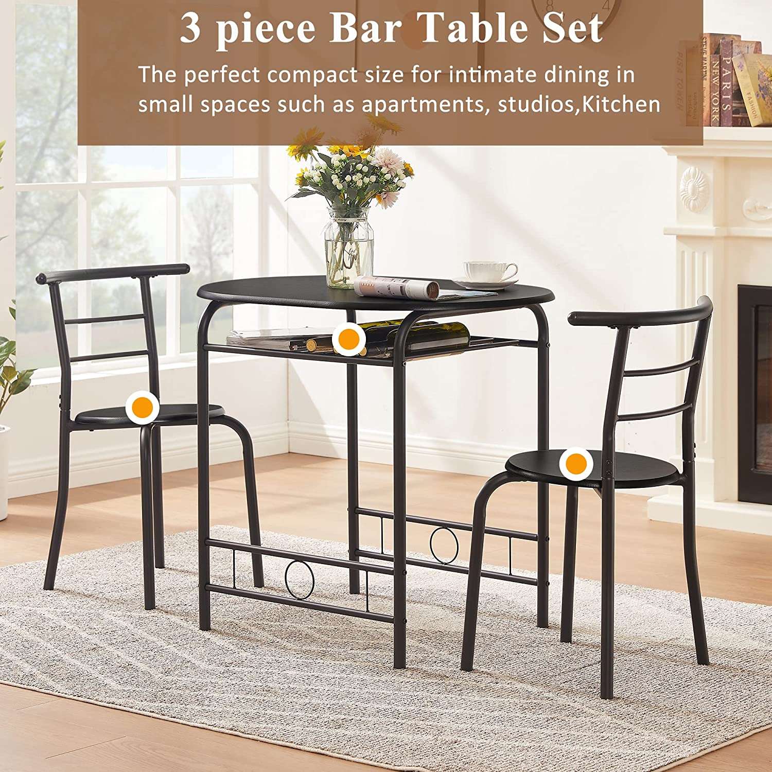 VECELO 3 Piece Small Round Dining Table Set for Kitchen Breakfast Nook, Wood Grain Tabletop with Wine Storage Rack