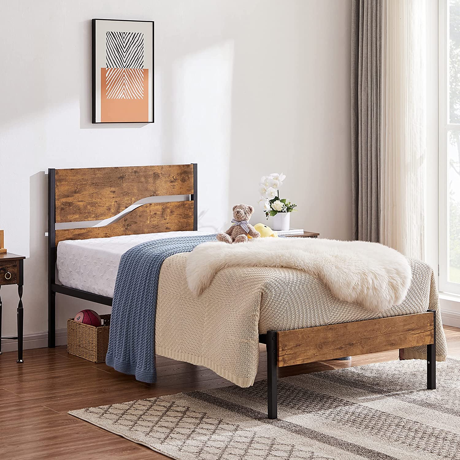 VECELO Platform Bed Frame/Mattress Foundation with Rustic Vintage Wood Headboard