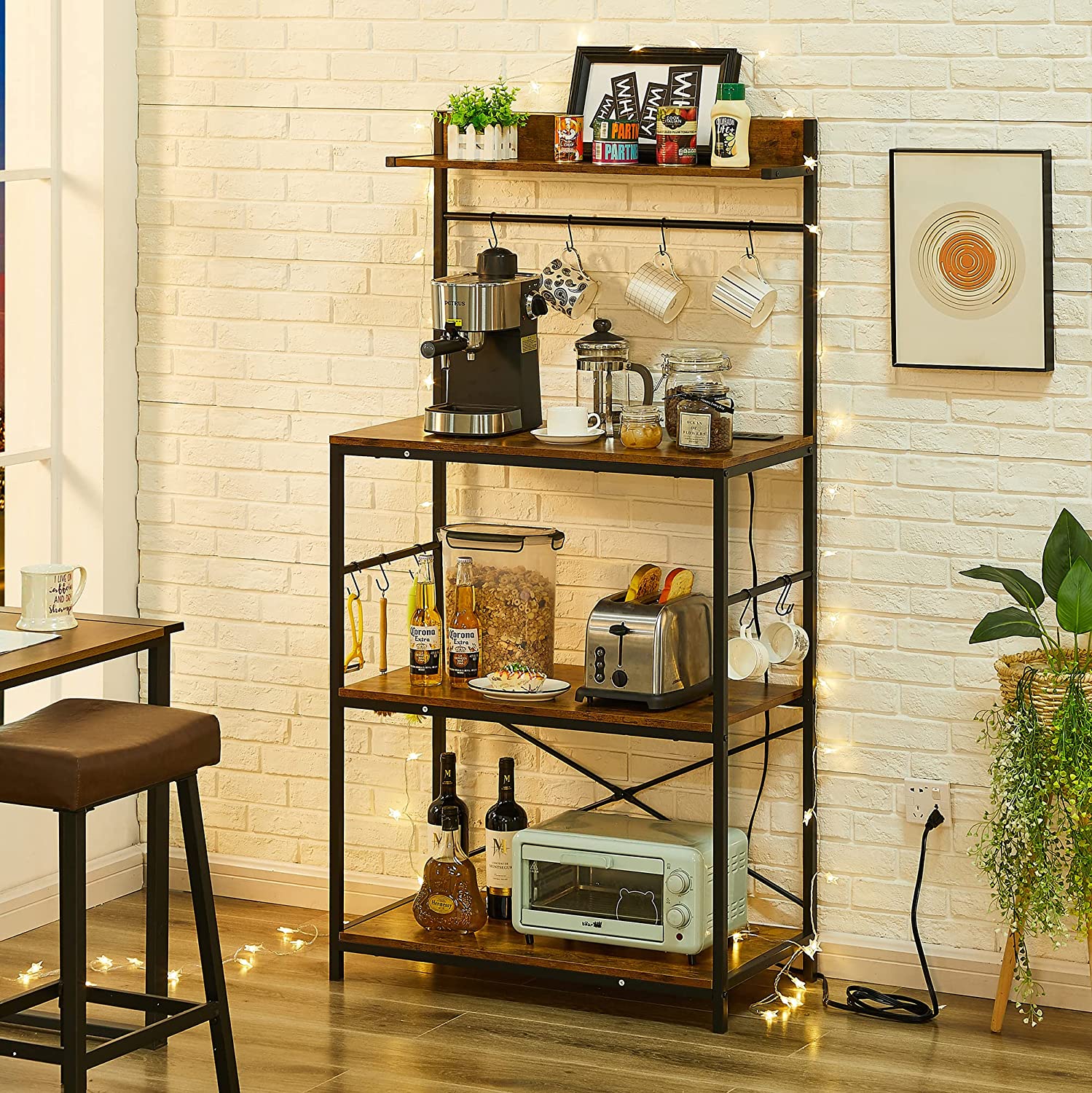 VECELO Bakers Rack with Power Outlets, Multiuse 4-Tier Kitchen Utility Storage Shelf with 10 Hooks, Floor Standing Spice Organizer Workstation