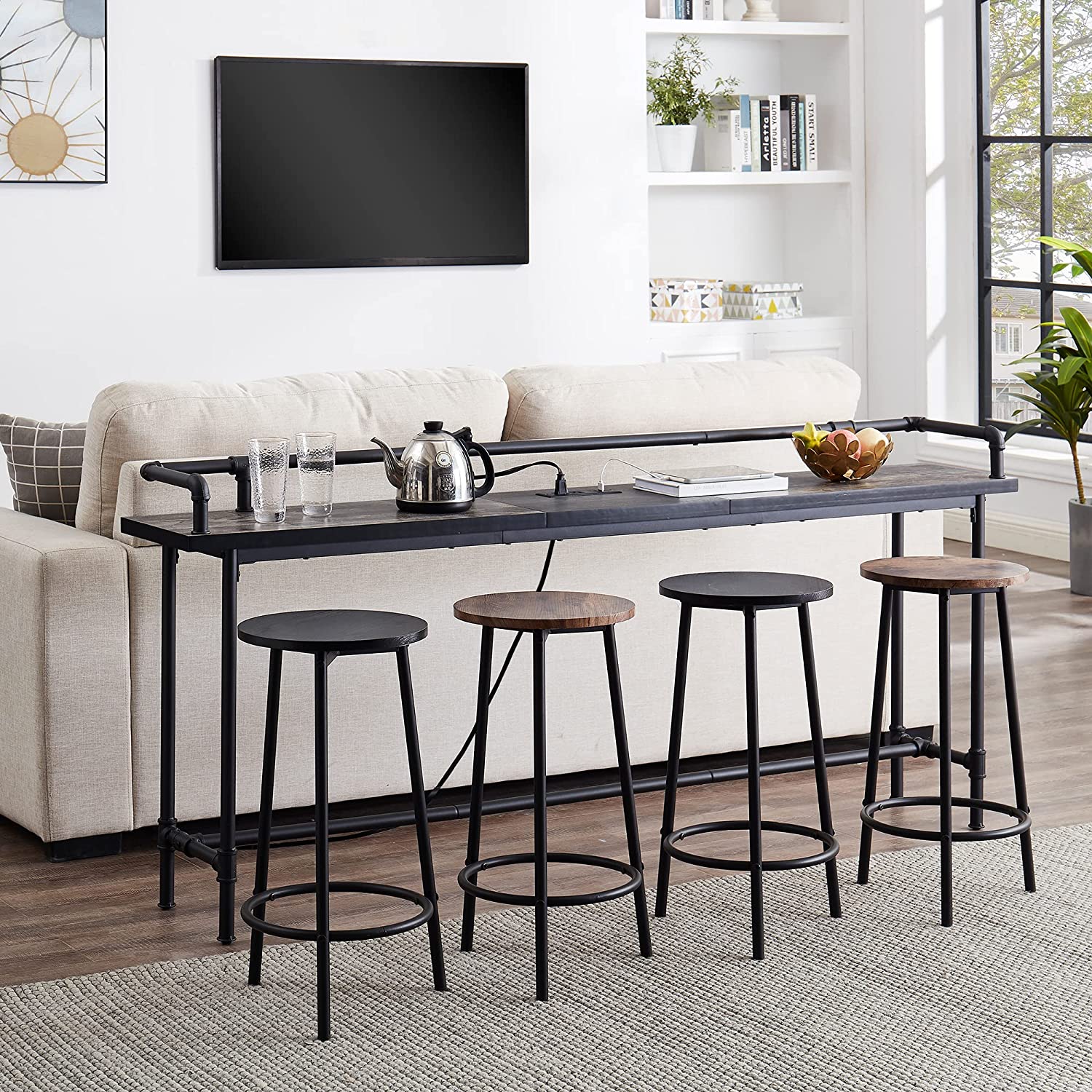 VECELO Extra Long Console/Sofa Table with Charging Station&Power Outlet, Narrow Industrial Behind Couch for Entryway,Hallway,Living Room