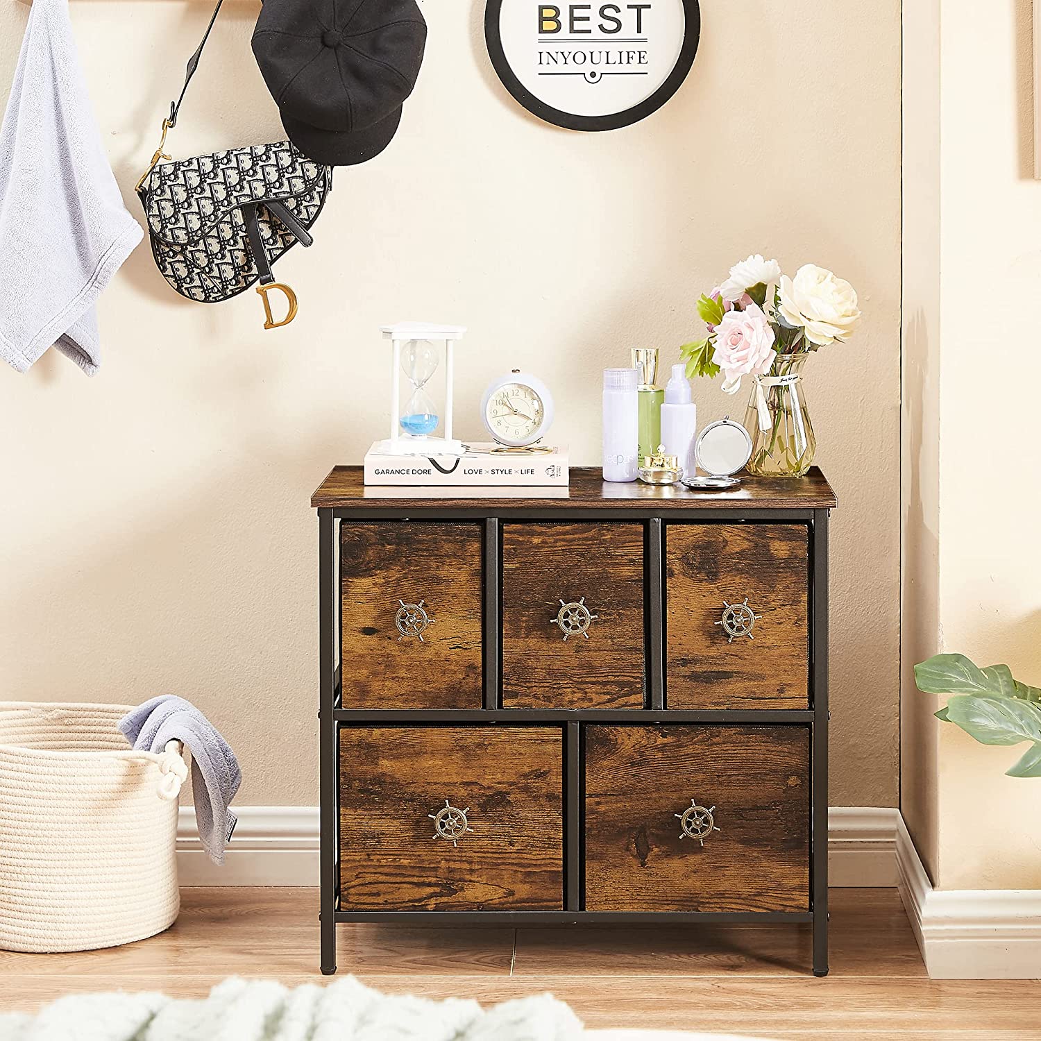 VECELO Dresser for Bedroom with 5 Fabric Drawers, Clothes Cabinet Storage Organizers and Wood Top Surface Table for Living Room, Hallway