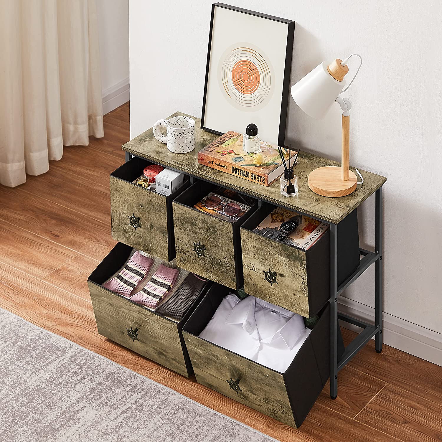 VECELO Dresser for Bedroom with 5 Fabric Drawers, Clothes Cabinet Storage Organizers and Wood Top Surface Table for Living Room, Hallway