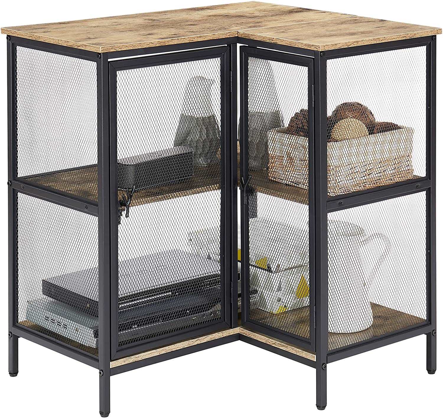 VECELO 3 Tier Corner Cabinet with Doors and Storage Shelves, Industrial TV Multipurpose Free-Standing Table for Small Space