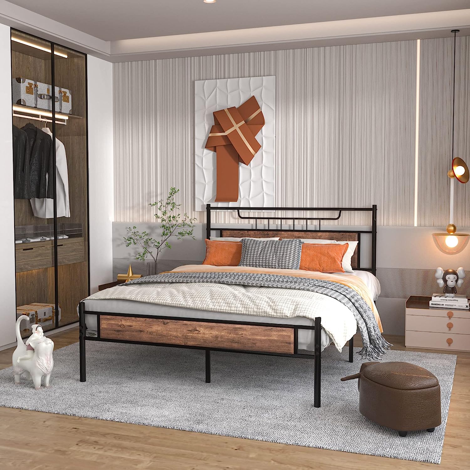 VECELO Platform Bed Frame with Wood Headboard No Box Spring Needed Heavy Duty Steel Slat