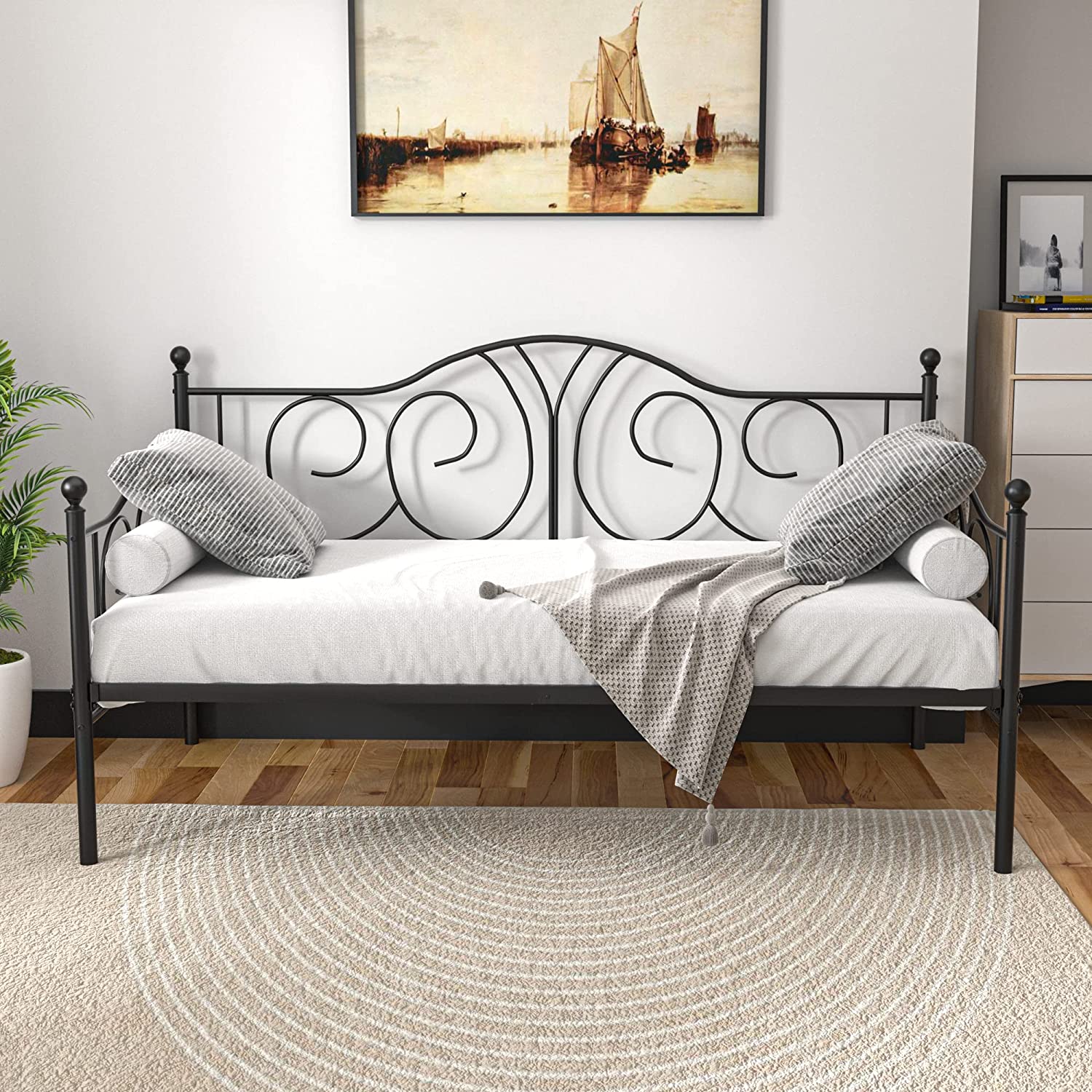 VECELO Metal Daybed Frame Multifunctional Platform Bed Sofa Mattress Foundation with Deluxe Headboard, Black