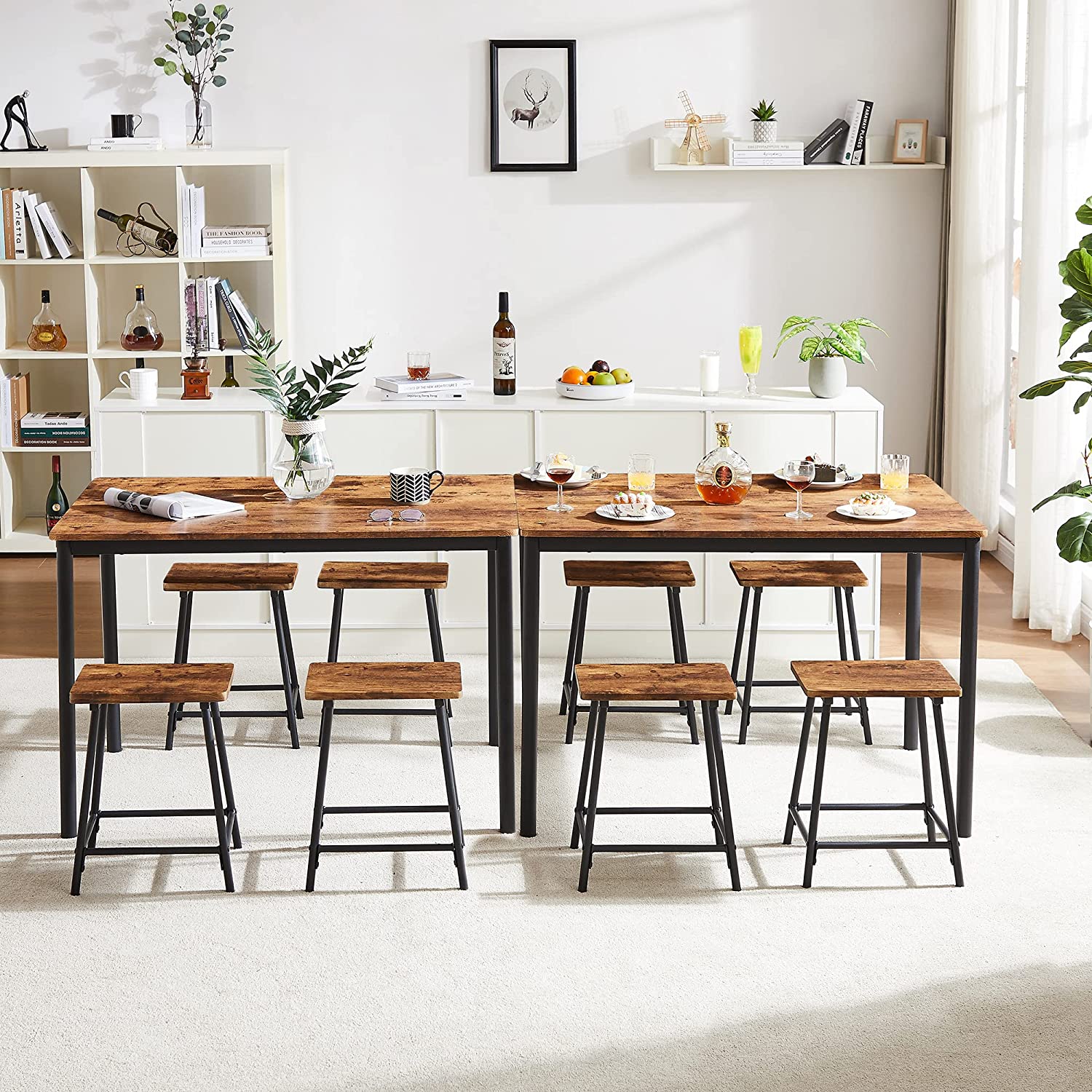 VECELO 5-Piece Dining Table Set Rectangular Bar Dinette Metal and Wood Kitchen Furniture with 4 Stools