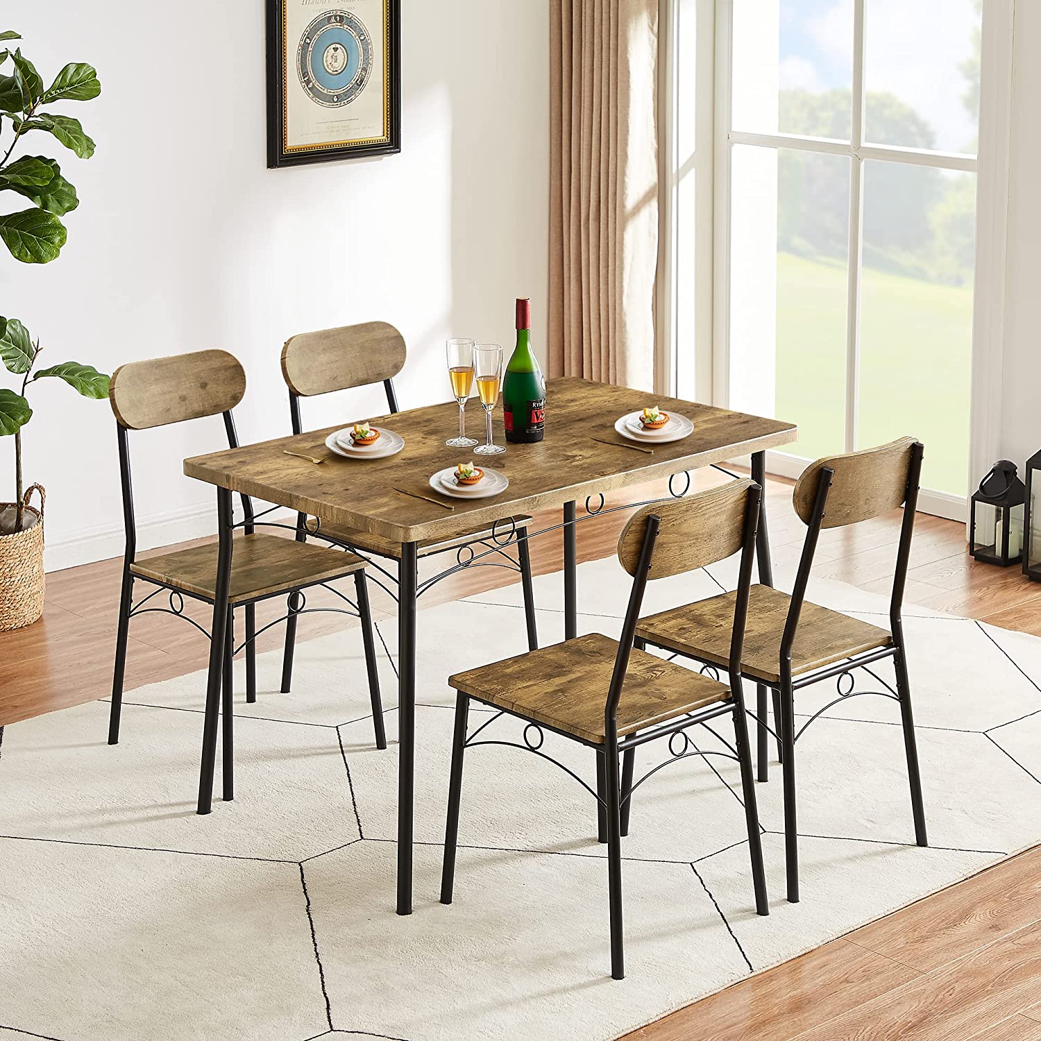 VECELO 5 Piece Dining Table Set Metal and Wood Rectangular Table with 4 Chairs for Breakfast Nook
