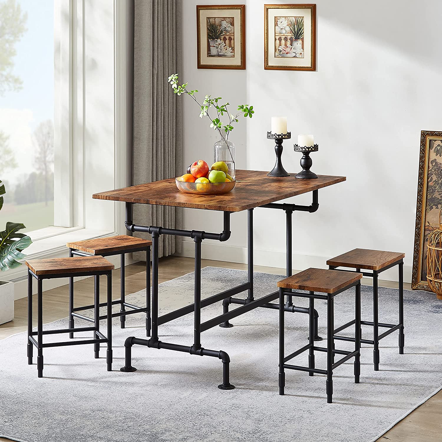 VECELO Farmhouse Dining Table Set for 4 Kitchen Industrial Bar Dinette with Rectangular Tabletop
