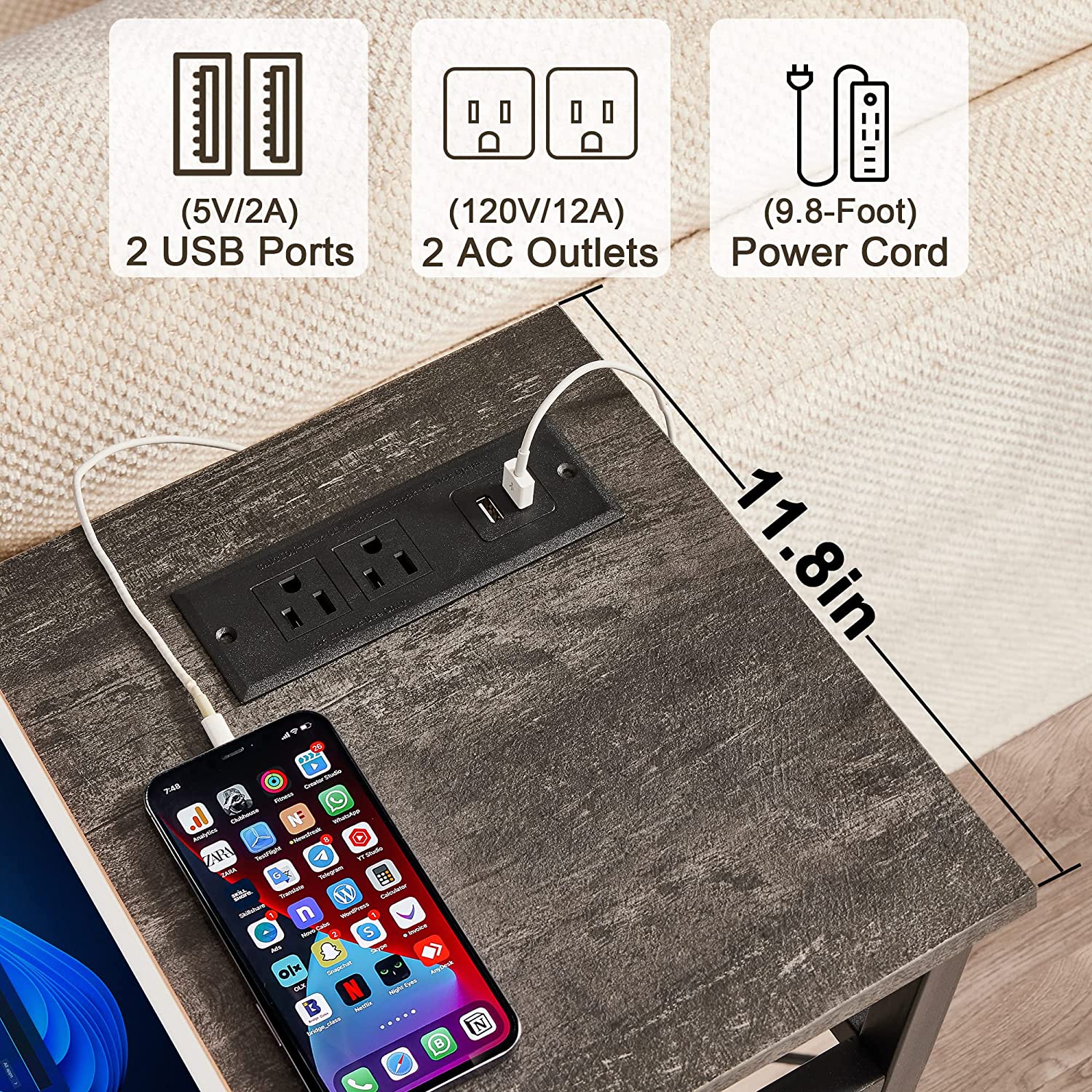 VECELO Extra Long Narrow Sofa/Console Table with Charging Station & Power Outlet and USB Ports, for Entryway