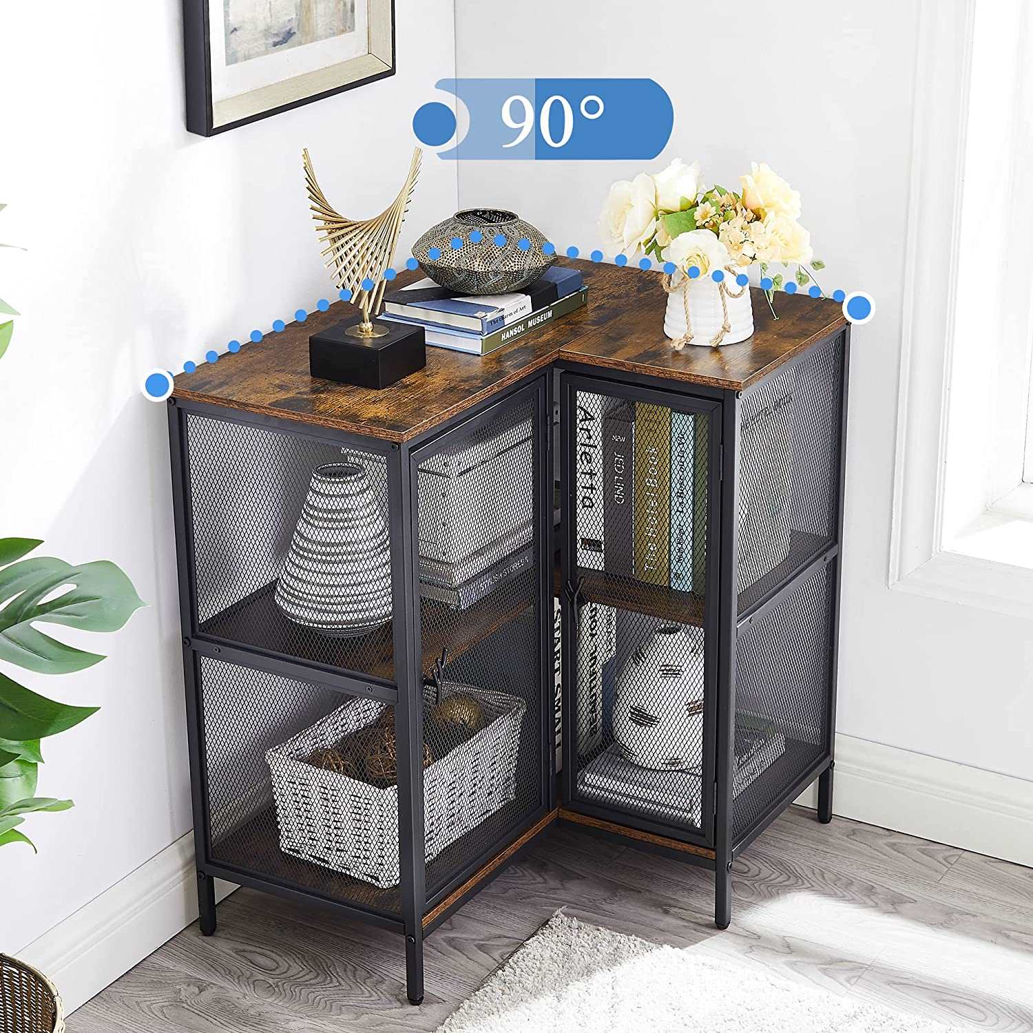 VECELO 3 Tier Corner Cabinet with Doors and Storage Shelves, Industrial TV Multipurpose Free-Standing Table for Small Space