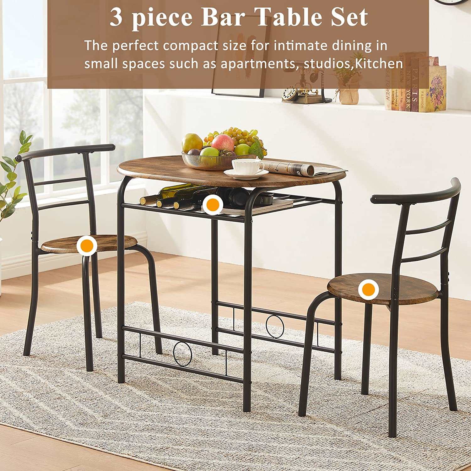 VECELO 3 Piece Small Round Dining Table Set for Kitchen Breakfast Nook, Wood Grain Tabletop with Wine Storage Rack