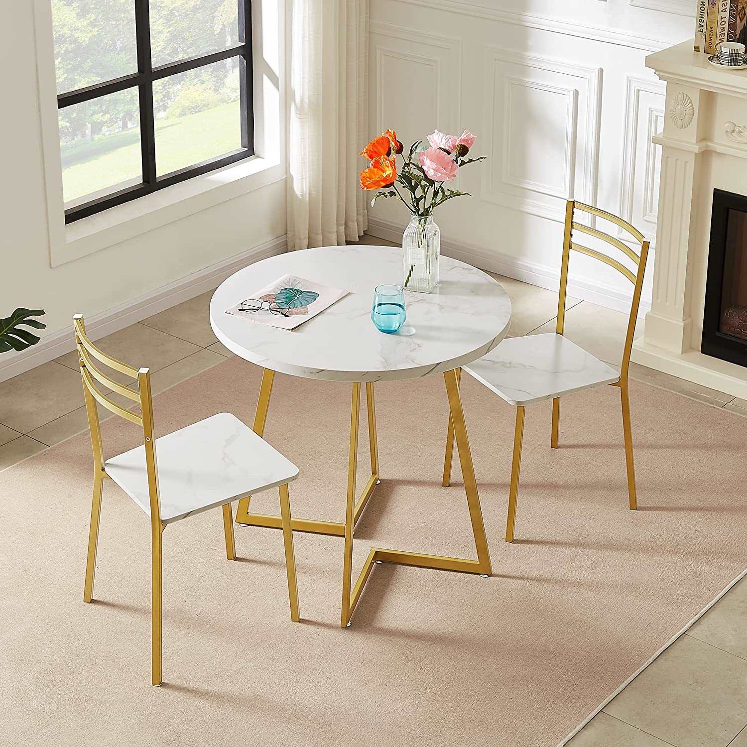 VECELO 3 Piece Kitchen Dining Room Set, Marbling Tabletop with Gold Steel Frame Round Table