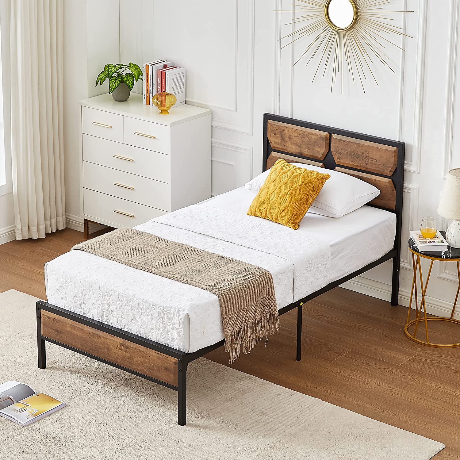 VECELO Metal Bed Frame Platform with Wooden Headboard&Footboard Mattress Foundation