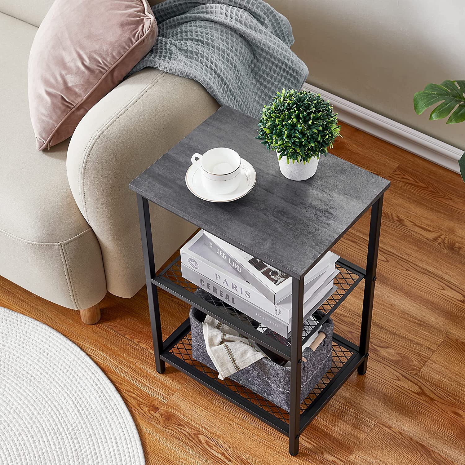 VECELO End Side Table with Storage Industrial Night Stand with Mesh Shelves