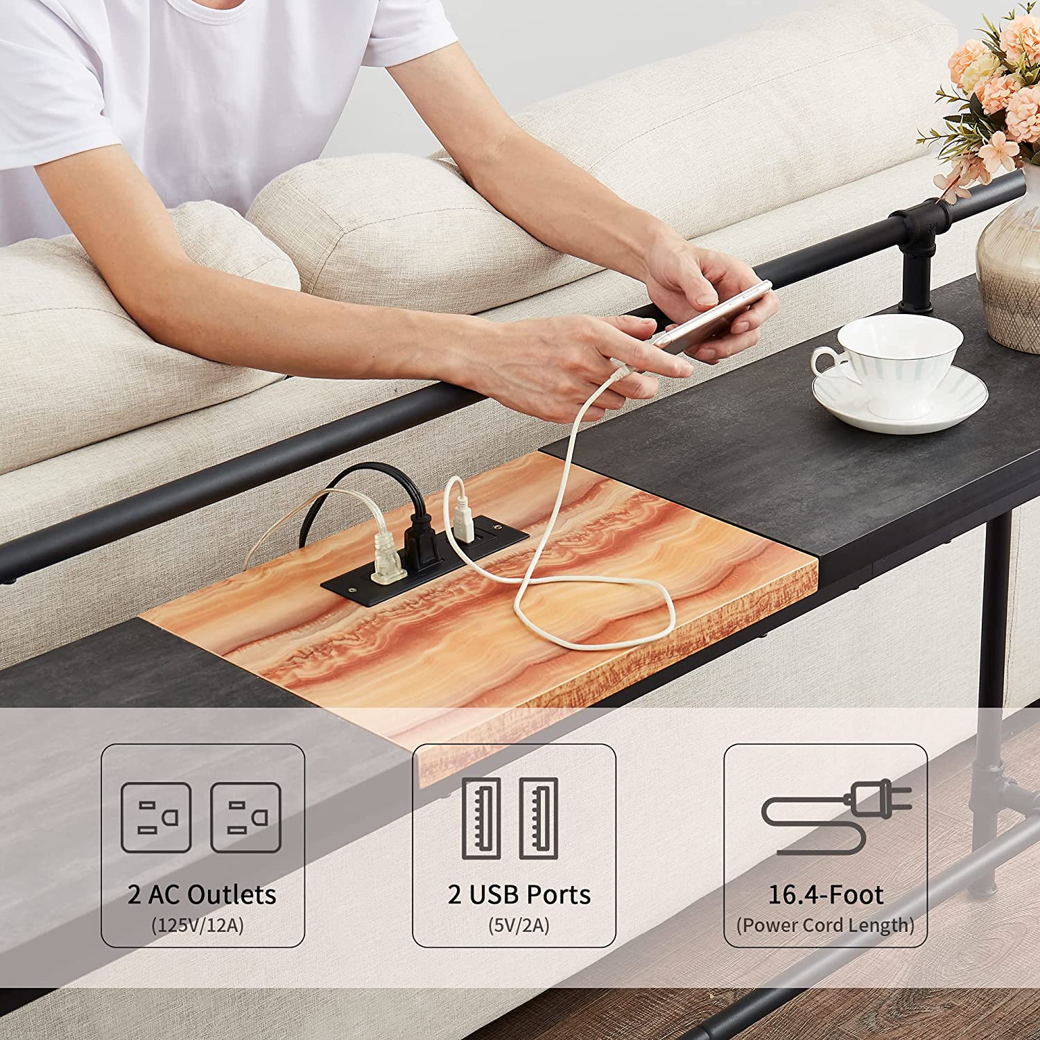 VECELO Extra Long Console/Sofa Table with Charging Station&Power Outlet, Narrow Industrial Behind Couch for Entryway,Hallway,Living Room