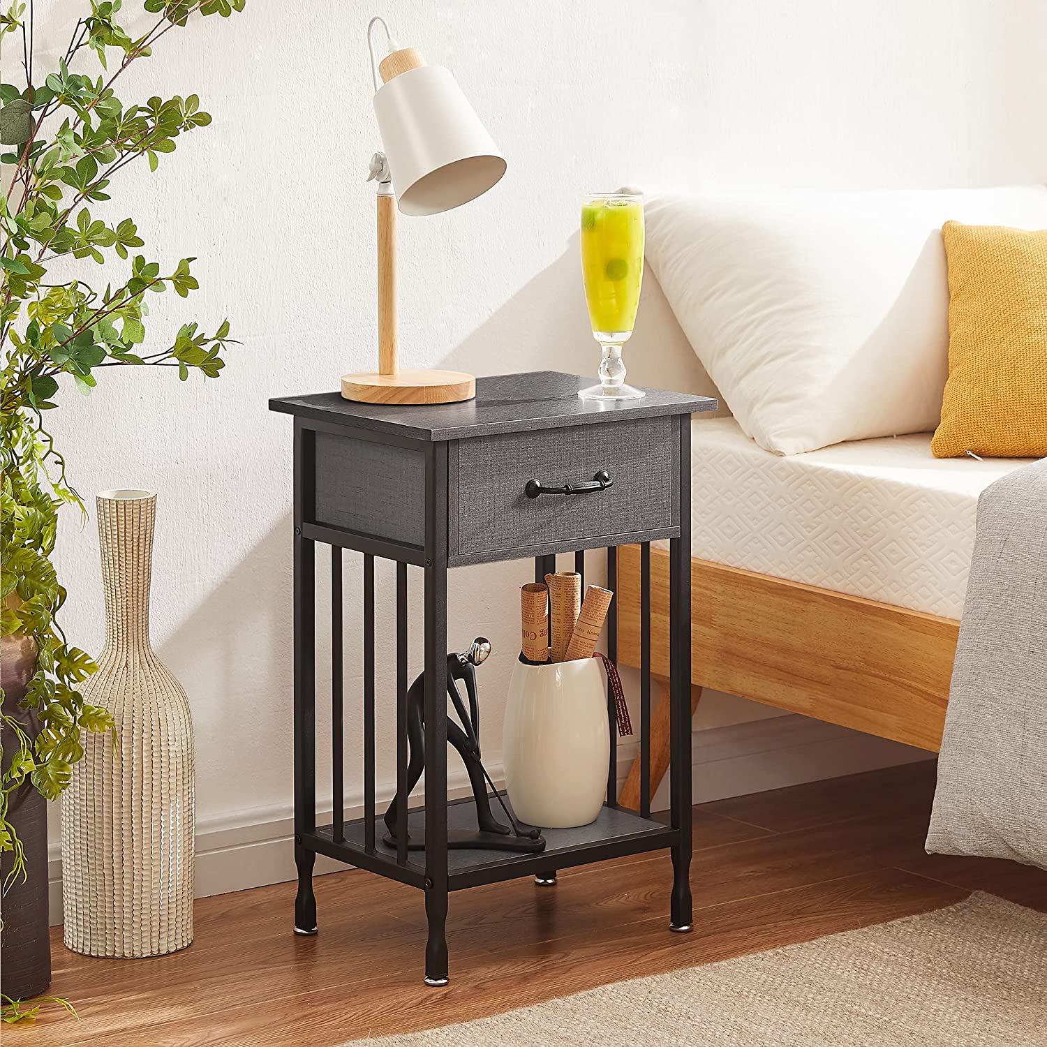 VECELO Industrial Side/End Table/ Nightstand with Drawer and Storage Shelf for Bedroom, Living Room
