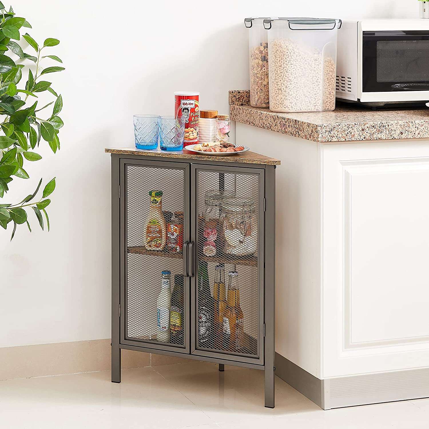VECELO 3 Tier Corner Cabinet Shelf Display Rack with Grid Doors - VECELO