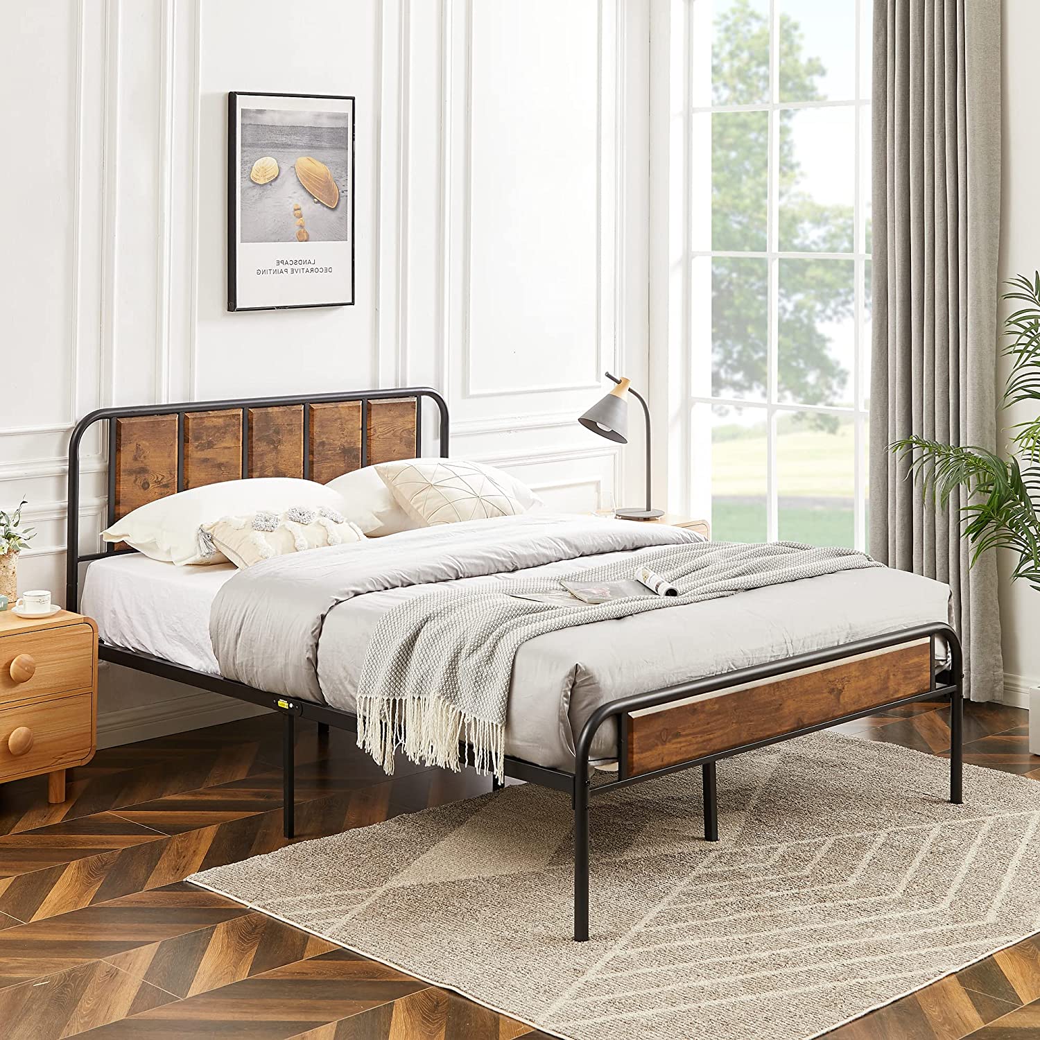 VECELO Bed Frame Metal Platform with Wooden Headboard Footboard Heavy Duty Mattress Foundation - VECELO