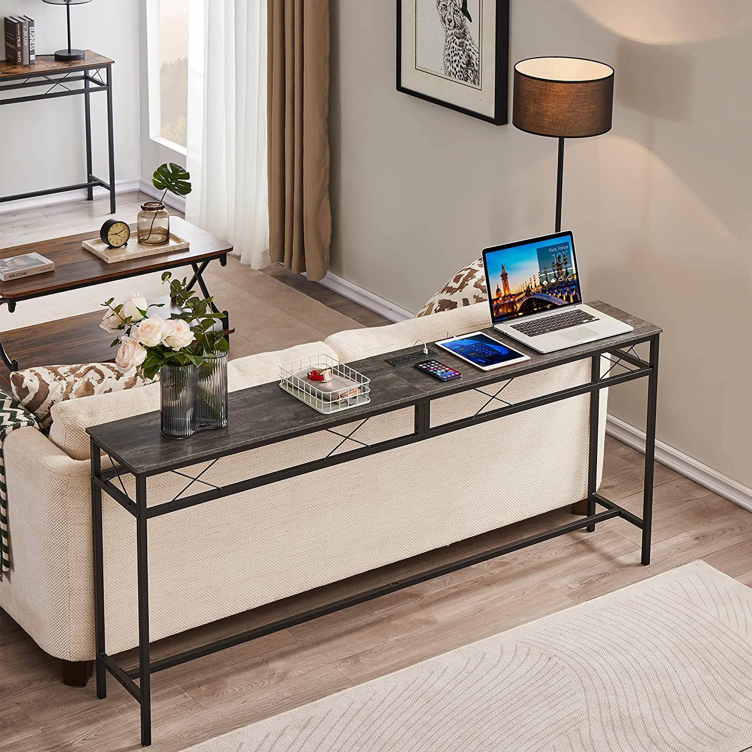VECELO Extra Long Narrow Sofa/Console Table with Charging Station & Power Outlet and USB Ports, for Entryway