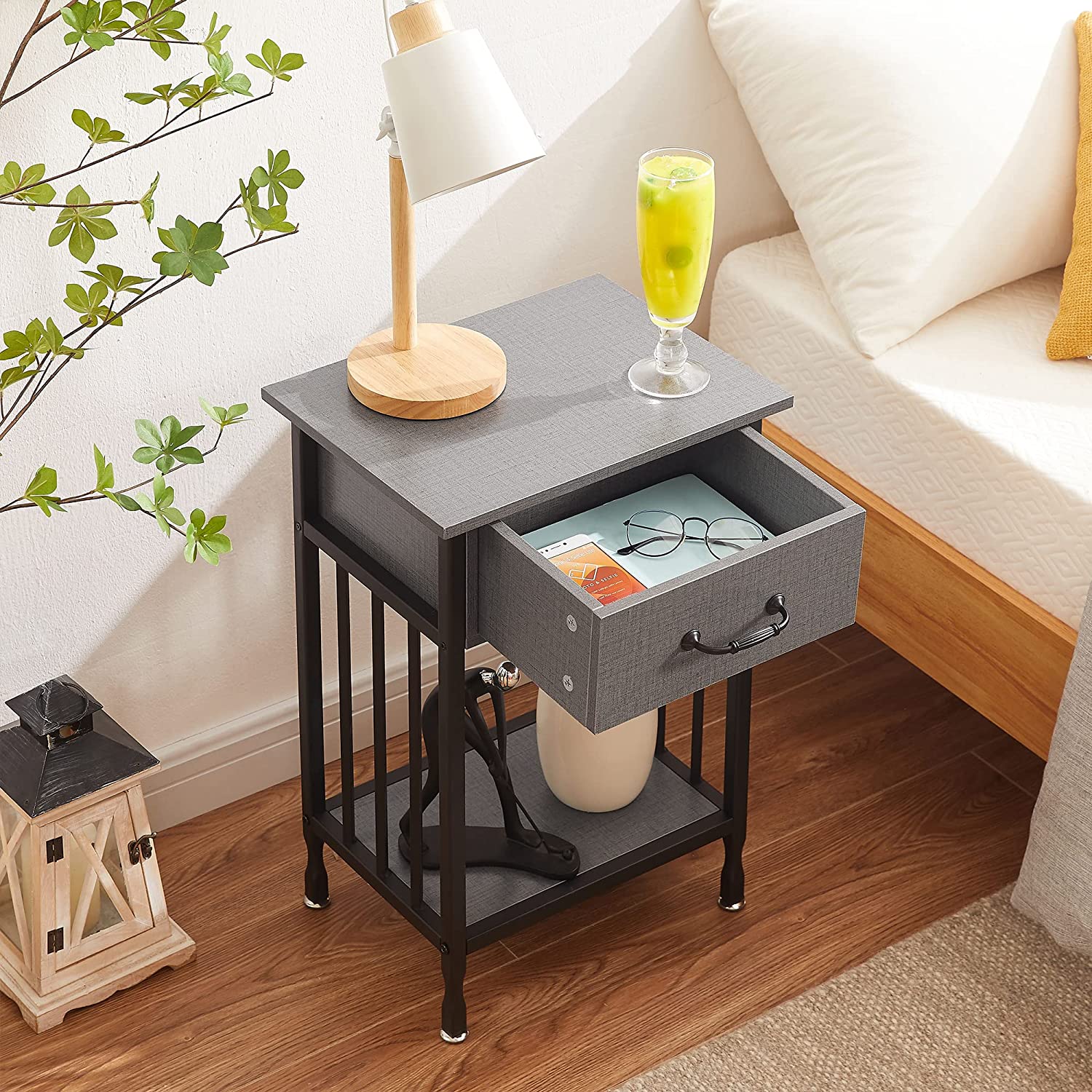 VECELO Industrial Side/End Table/ Nightstand with Drawer and Storage Shelf