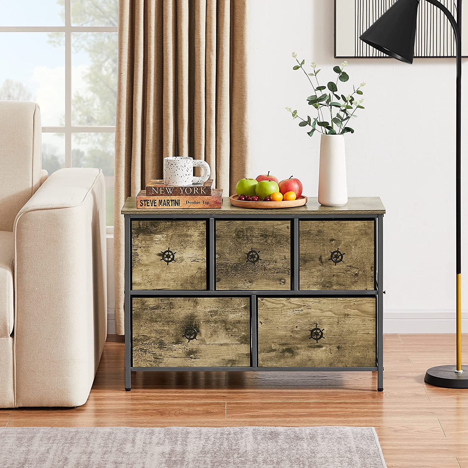 VECELO Dresser for Bedroom with 5 Fabric Drawers, Clothes Cabinet Storage Organizers and Wood Top Surface Table for Living Room, Hallway
