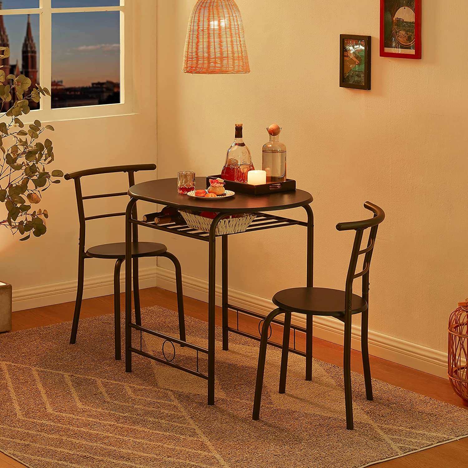 VECELO 3 Piece Small Round Dining Table Set for Kitchen Breakfast Nook, Wood Grain Tabletop with Wine Storage Rack