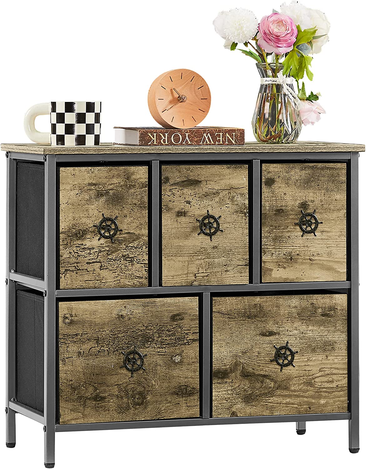VECELO Dresser for Bedroom with 5 Fabric Drawers, Clothes Cabinet Storage Organizers and Wood Top Surface Table for Living Room, Hallway