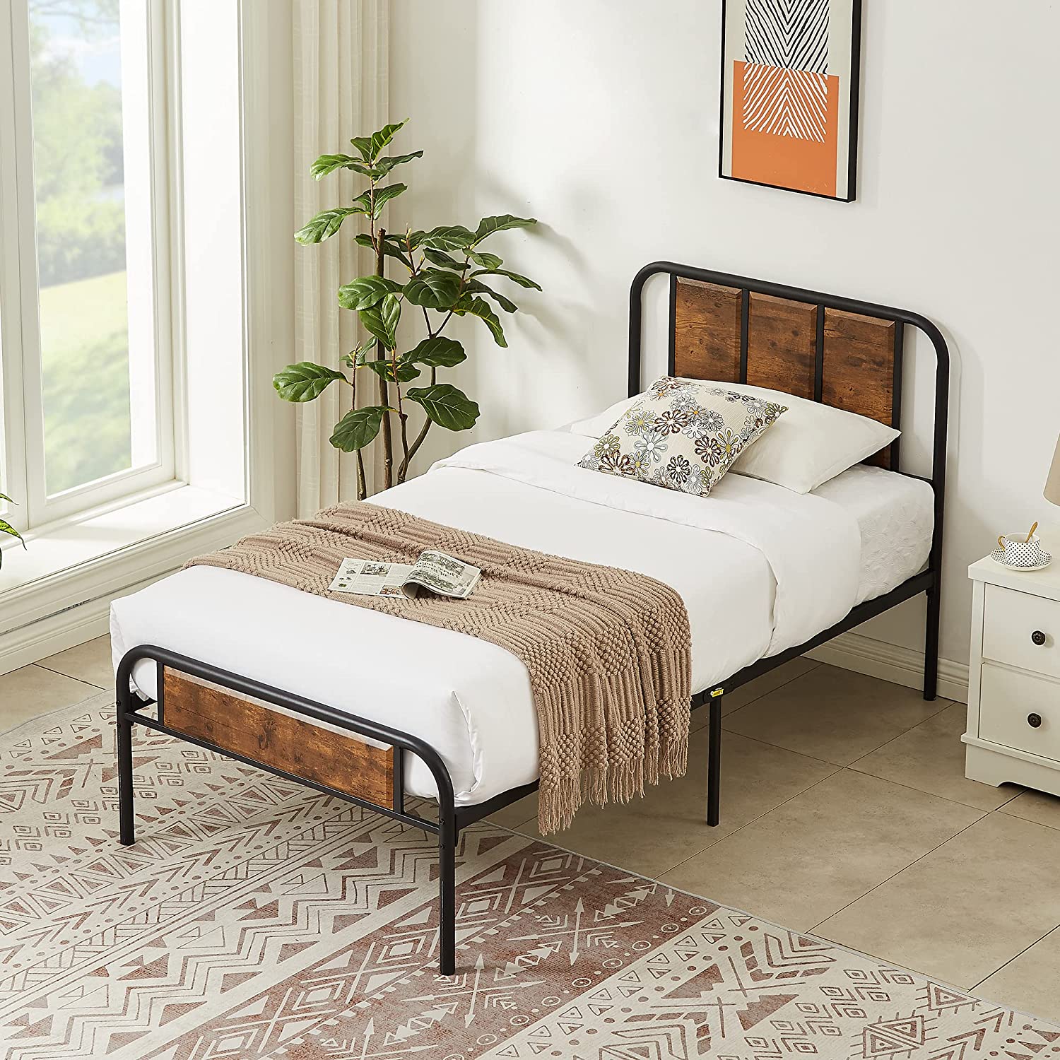 VECELO Bed Frame Metal Platform with Wooden Headboard Footboard Heavy