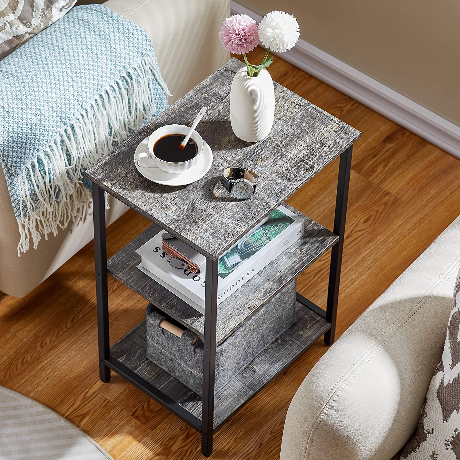 VECELO End Side Table with Storage Shelves Industrial Night Stand, 3-Tier Slim Nightstand for Living Room, Bedroom