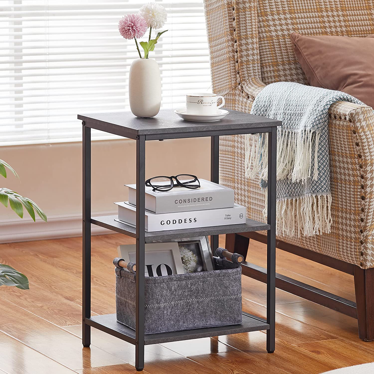 VECELO End Side Table with Storage Shelves Industrial Night Stand 3 T