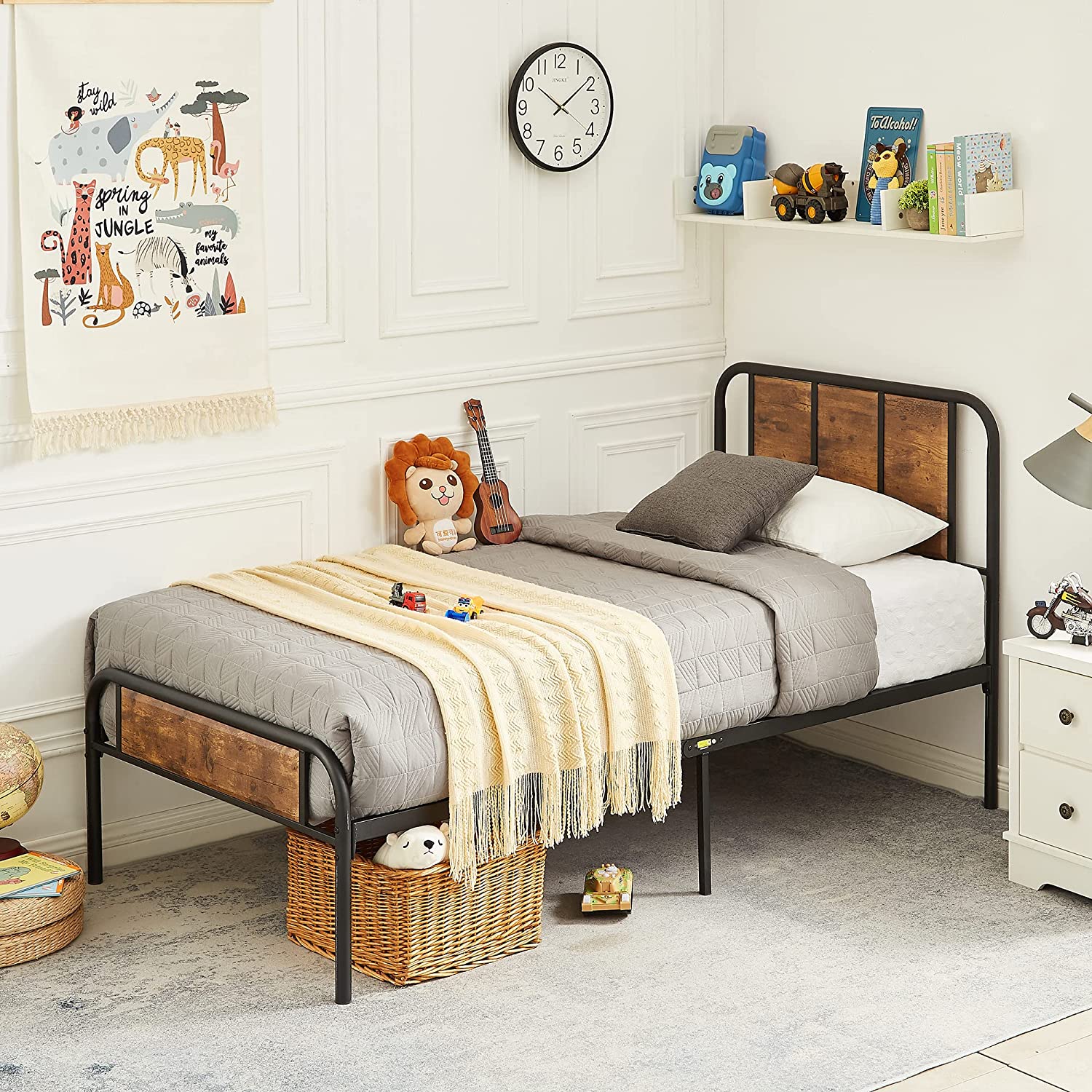 VECELO Bed Frame Metal Platform with Wooden Headboard Footboard Heavy Duty Mattress Foundation - VECELO