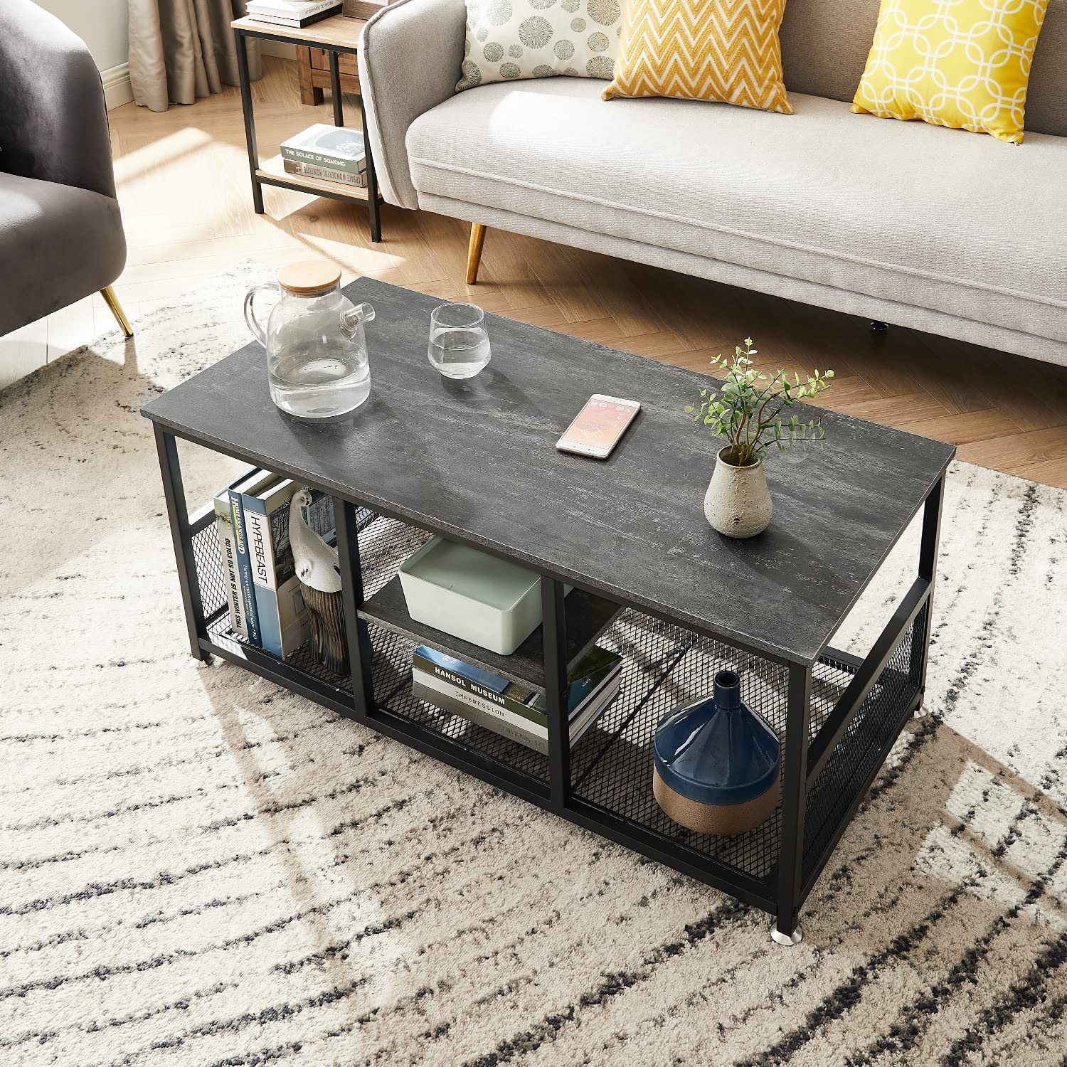 VECELO 39.4 Inch TV Stand/Coffee Table with Storage and Mesh Shelf for Living Room