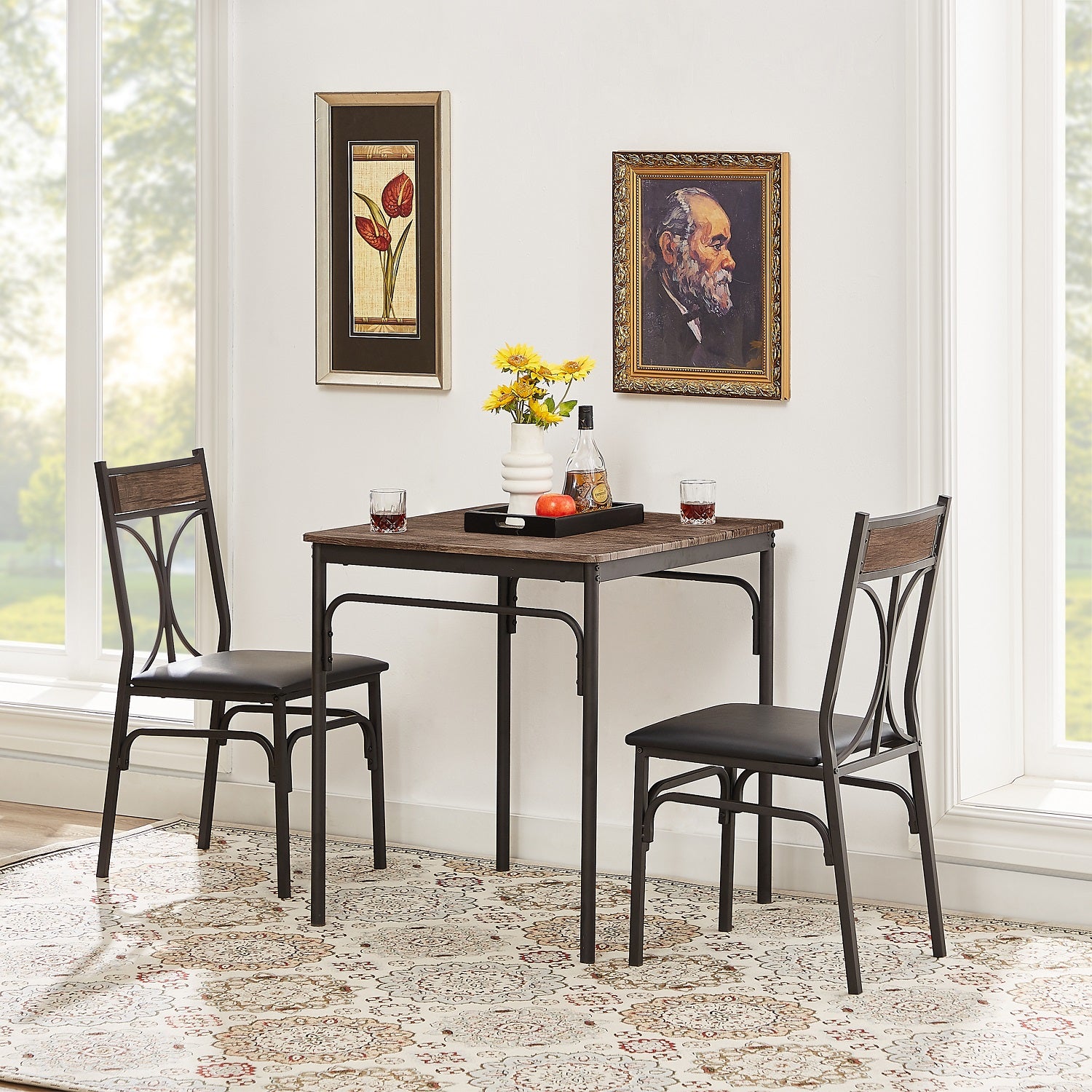 VECELO Industrial Style 3-Piece Dining Room Table Set with 2 PU Padded Chairs, Dark Brown