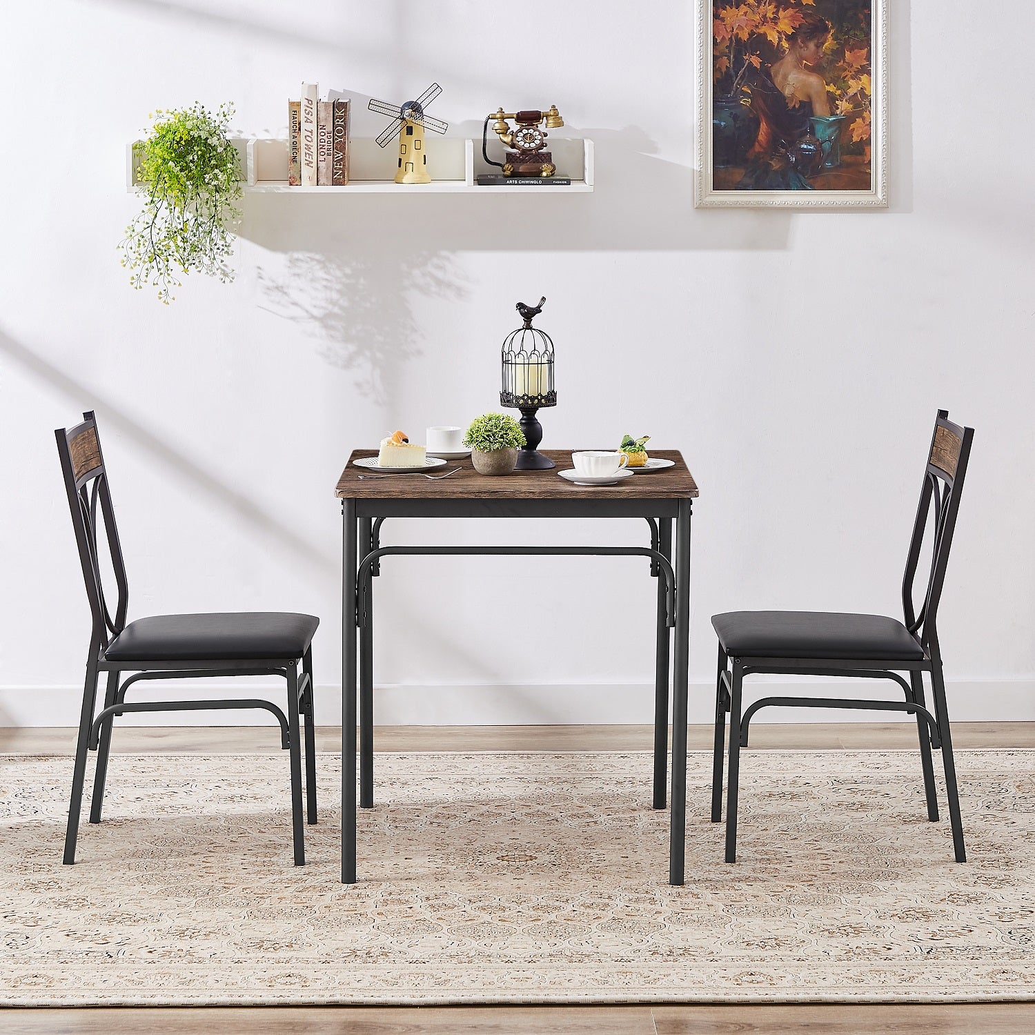 VECELO Industrial Style 3-Piece Dining Room Table Set with 2 PU Padded Chairs, Dark Brown