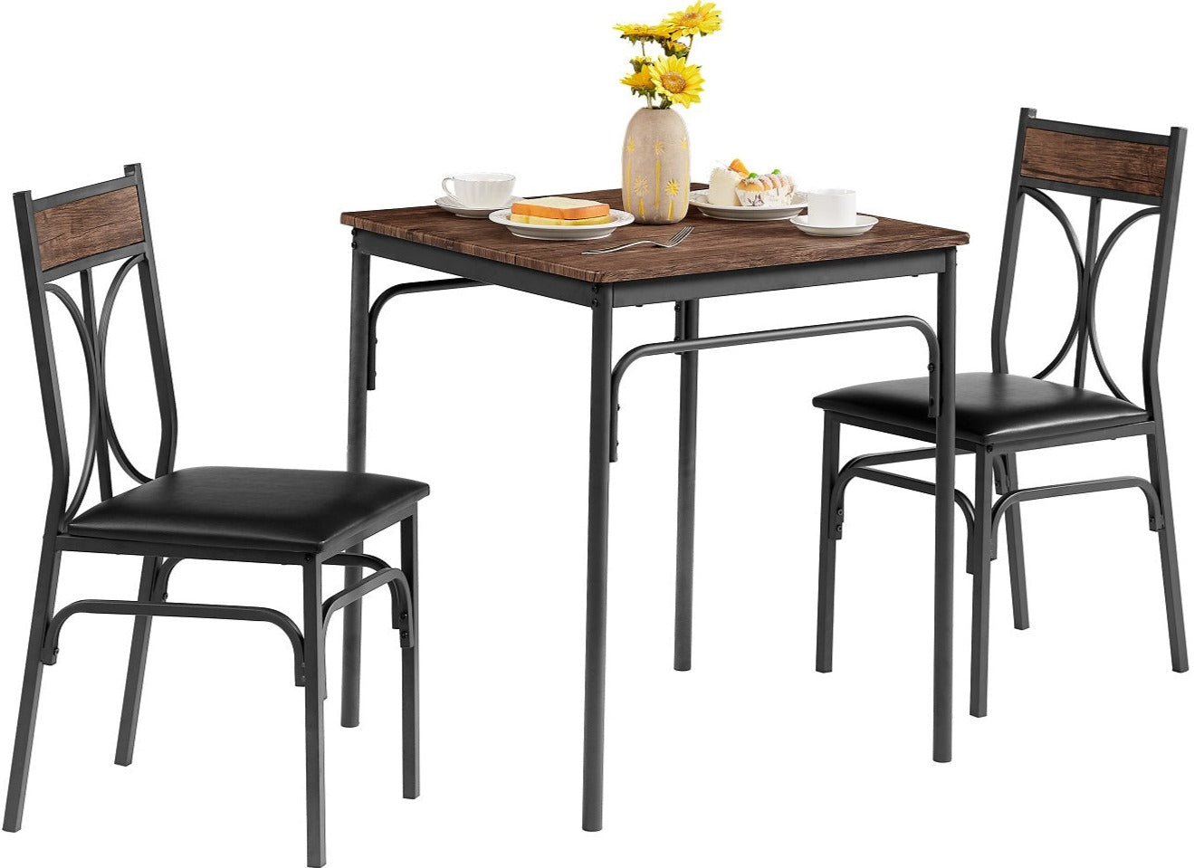 VECELO Industrial Style 3-Piece Dining Room Table Set with 2 PU Padded Chairs