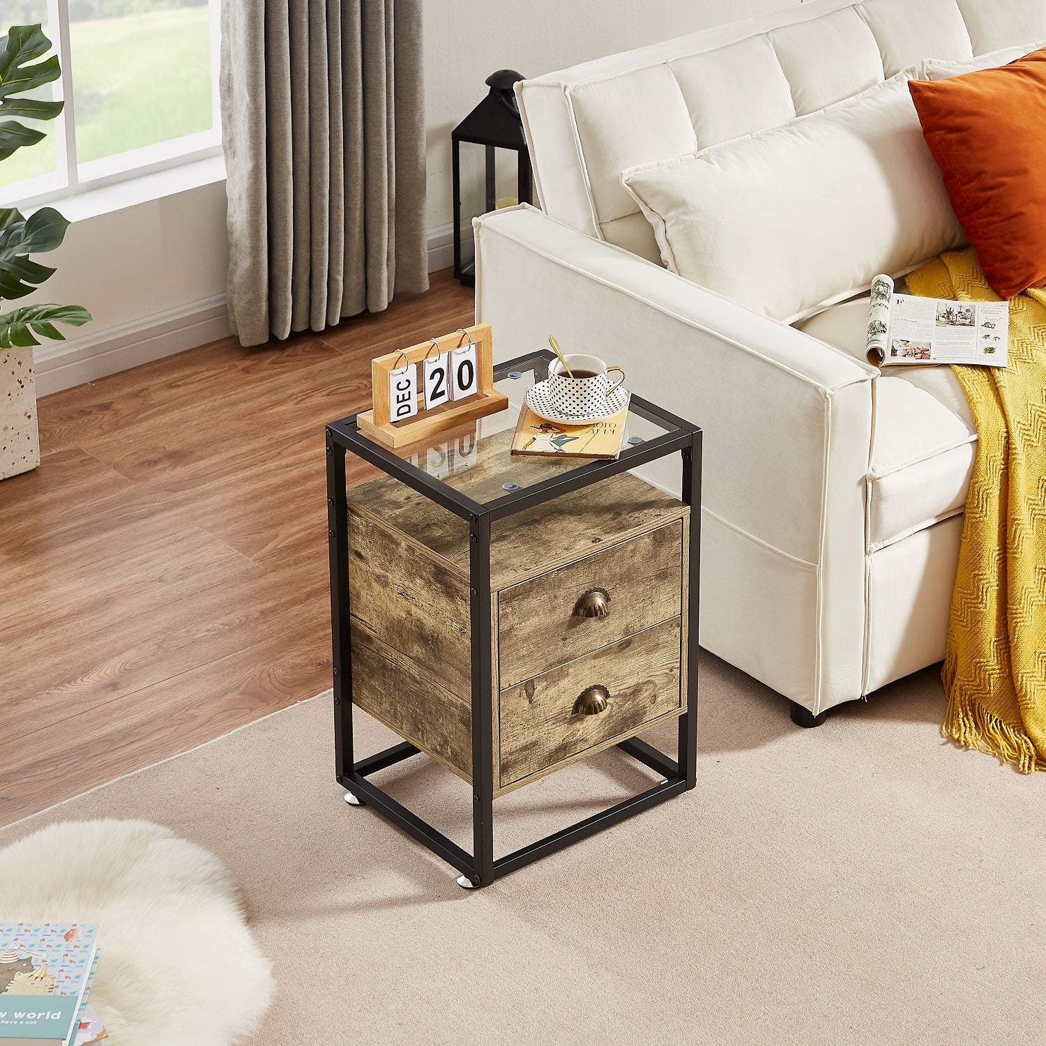 VECELO Glass Top End Tables Nightstand with 2 Drawers and Metal Frame