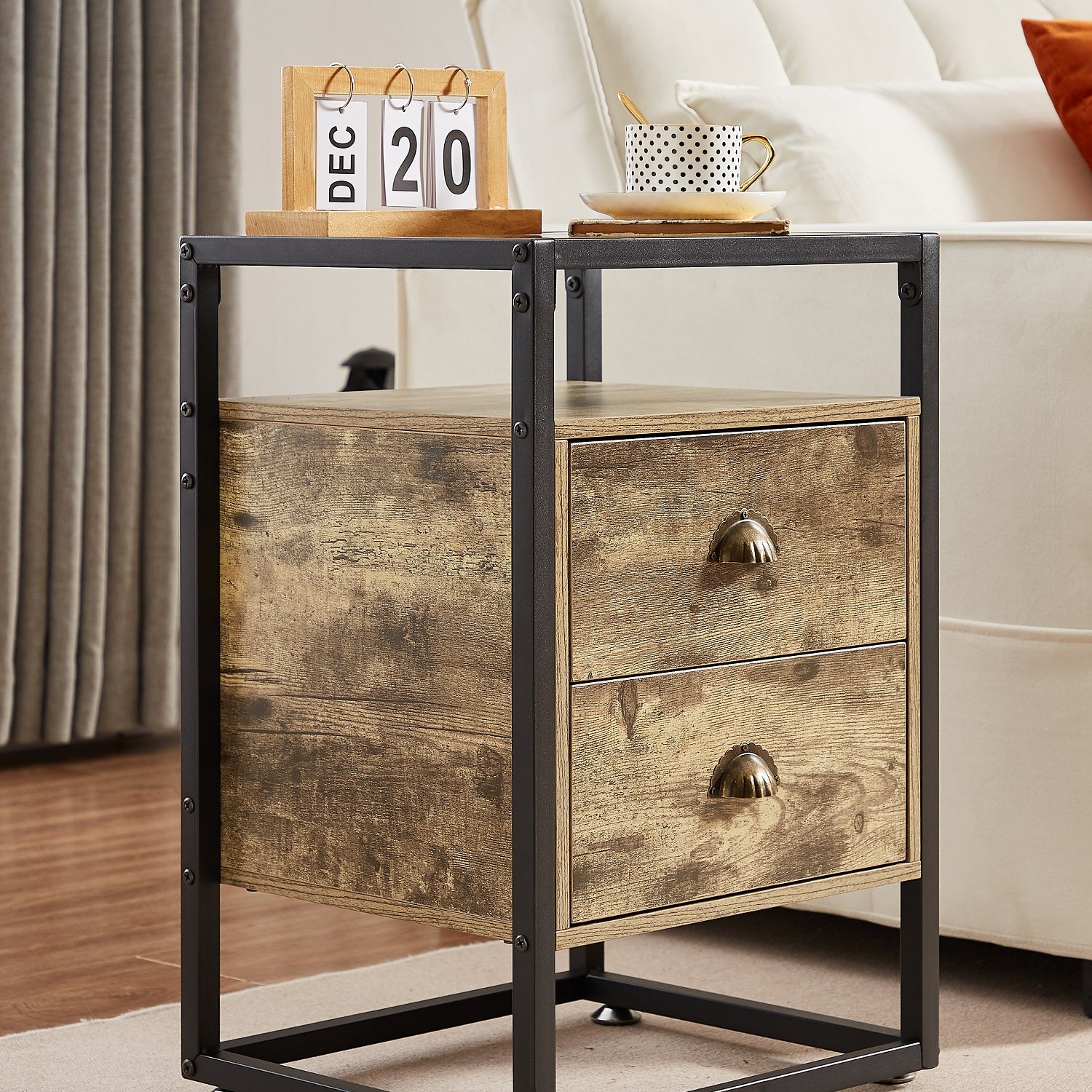 VECELO Glass Top End Tables Nightstand with 2 Drawers and Metal Frame