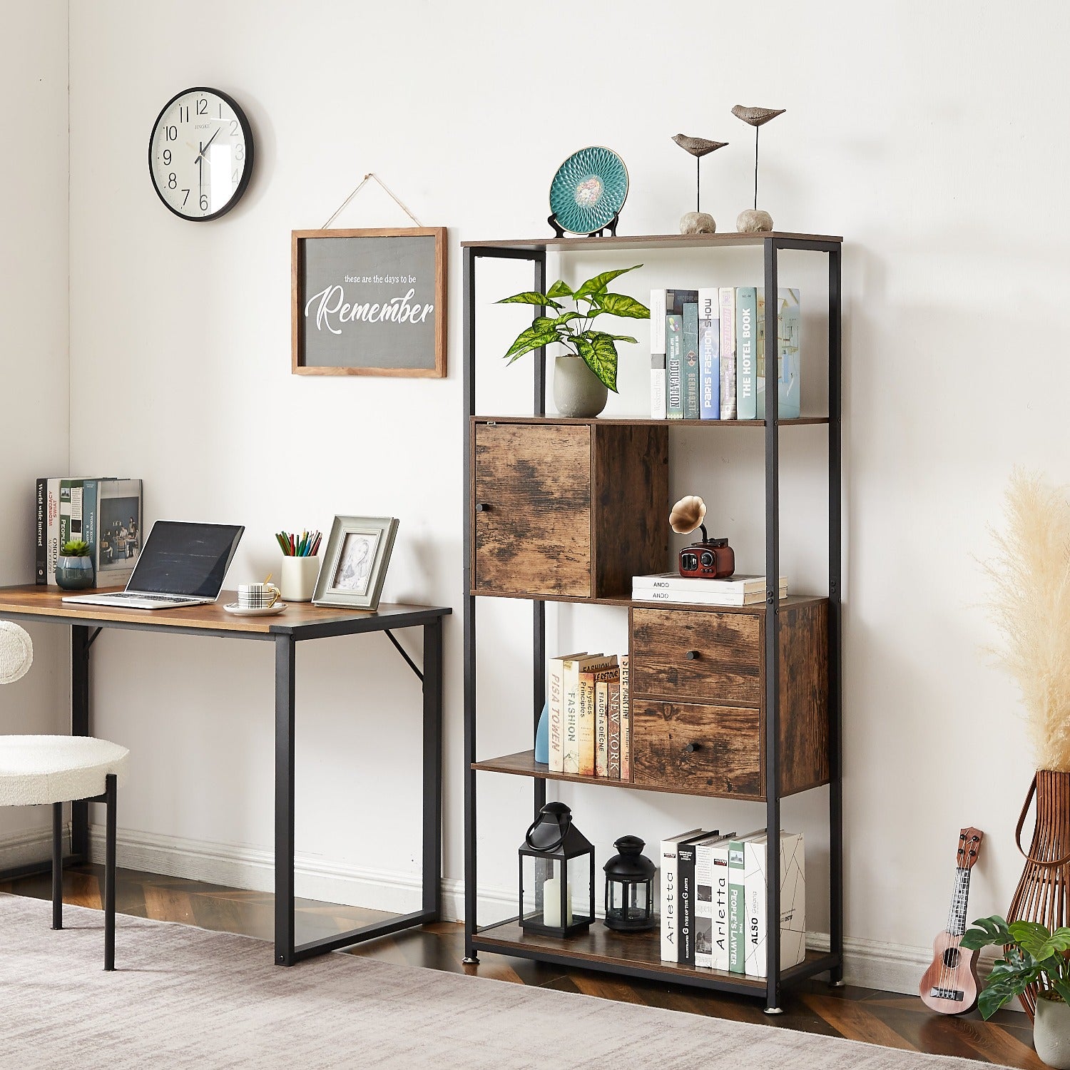 Wood Bookcase with Metal Frames, 4-Shelf Industrial Storage Shelf