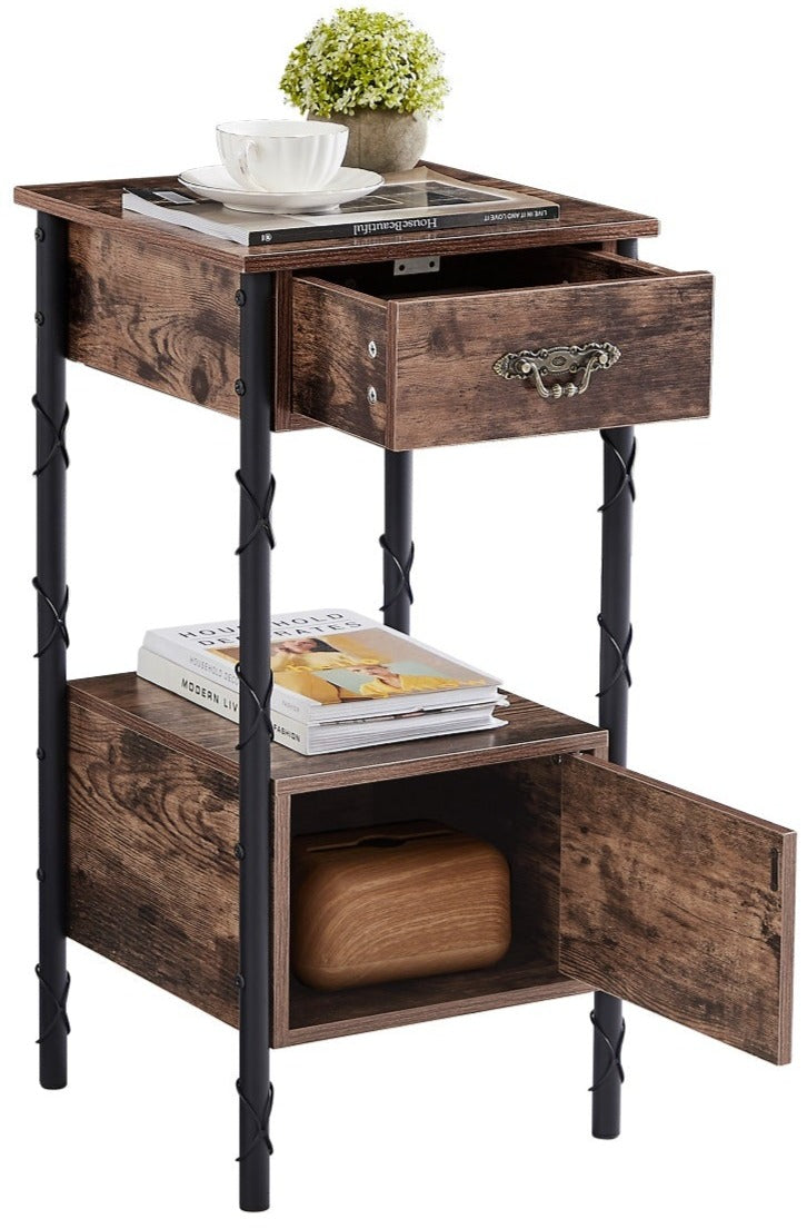 VECELO Vintage Narrow End Table/Nightstand with Drawer and Storage Shelf for Bedroom, living room