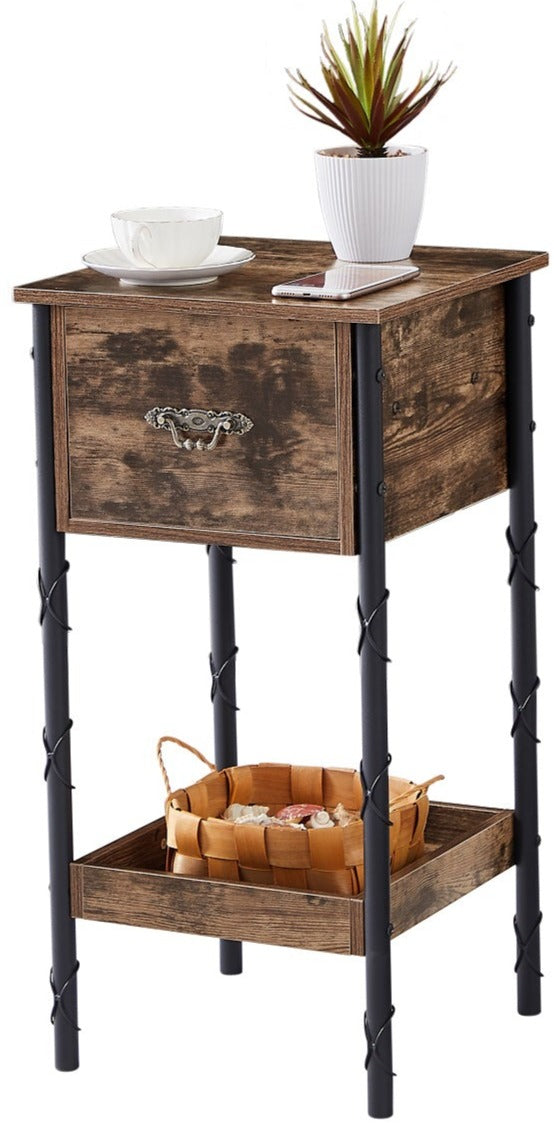 VECELO Vintage Narrow End Table/Nightstand with Drawer and Storage Shelf for Bedroom, living room