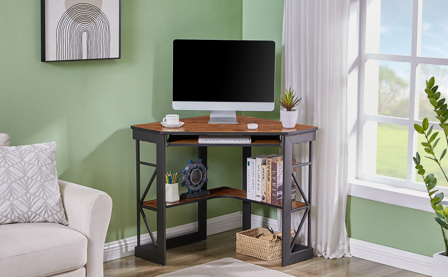 VECELO Corner Computer Desk Writing Smooth Keyboard Tray & Storage Shelves
