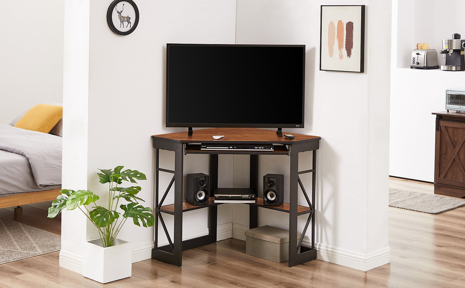 VECELO Corner Computer/Home Office Desk with Smooth Keyboard Tray & Storage Shelves