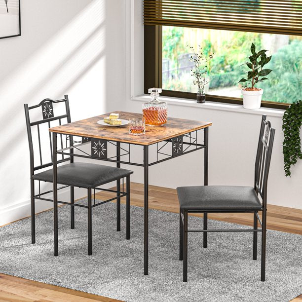 VECELO 3-Piece Dining Room Wooden Kitchen Table and Pu Cushion Chair Set
